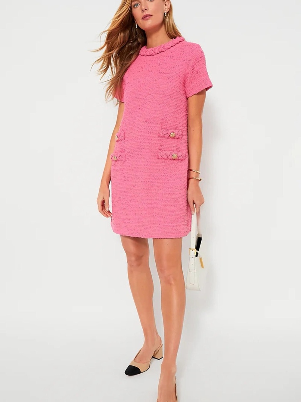 Tuckernuck Pink Braided-Trim Tweed Jackie Shift Dress